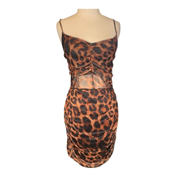 Pretty Little Thing Leopard Print Ruched Sides Mesh Center Midi Bodycon Size 12 - Picture 1 of 10